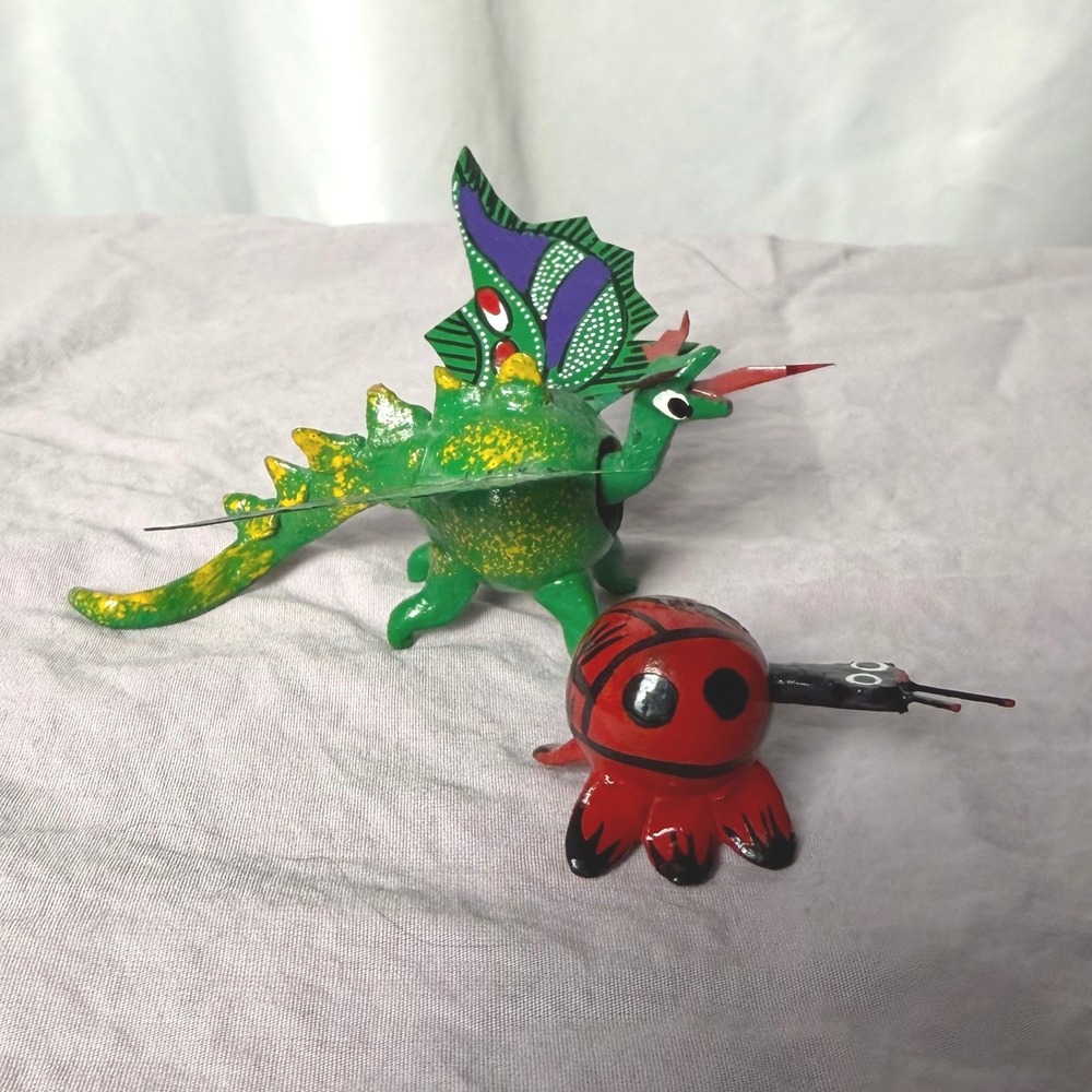 Pair Mexican Folk Art Oaxacan Style Alebrije Dragon Ladybug Mini Menagerie 5"